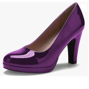 miss left Purple Low Platform High Chunky Heeled Slip On Round Toe Pump